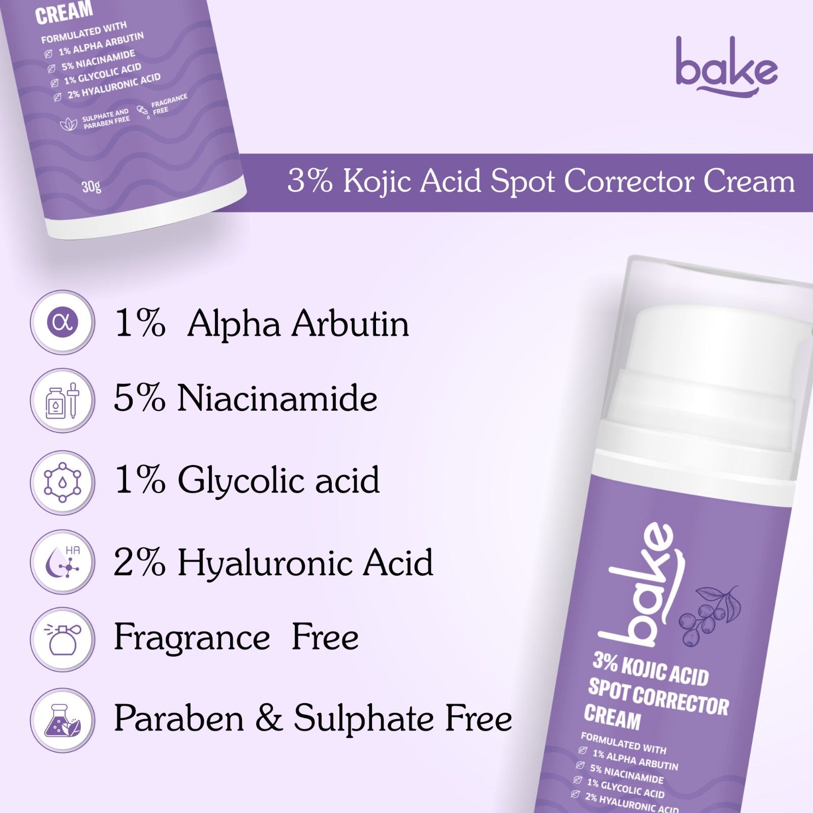 Bake Cosmetics Kojic Acid Cream – side label with ingredients and usage instructions