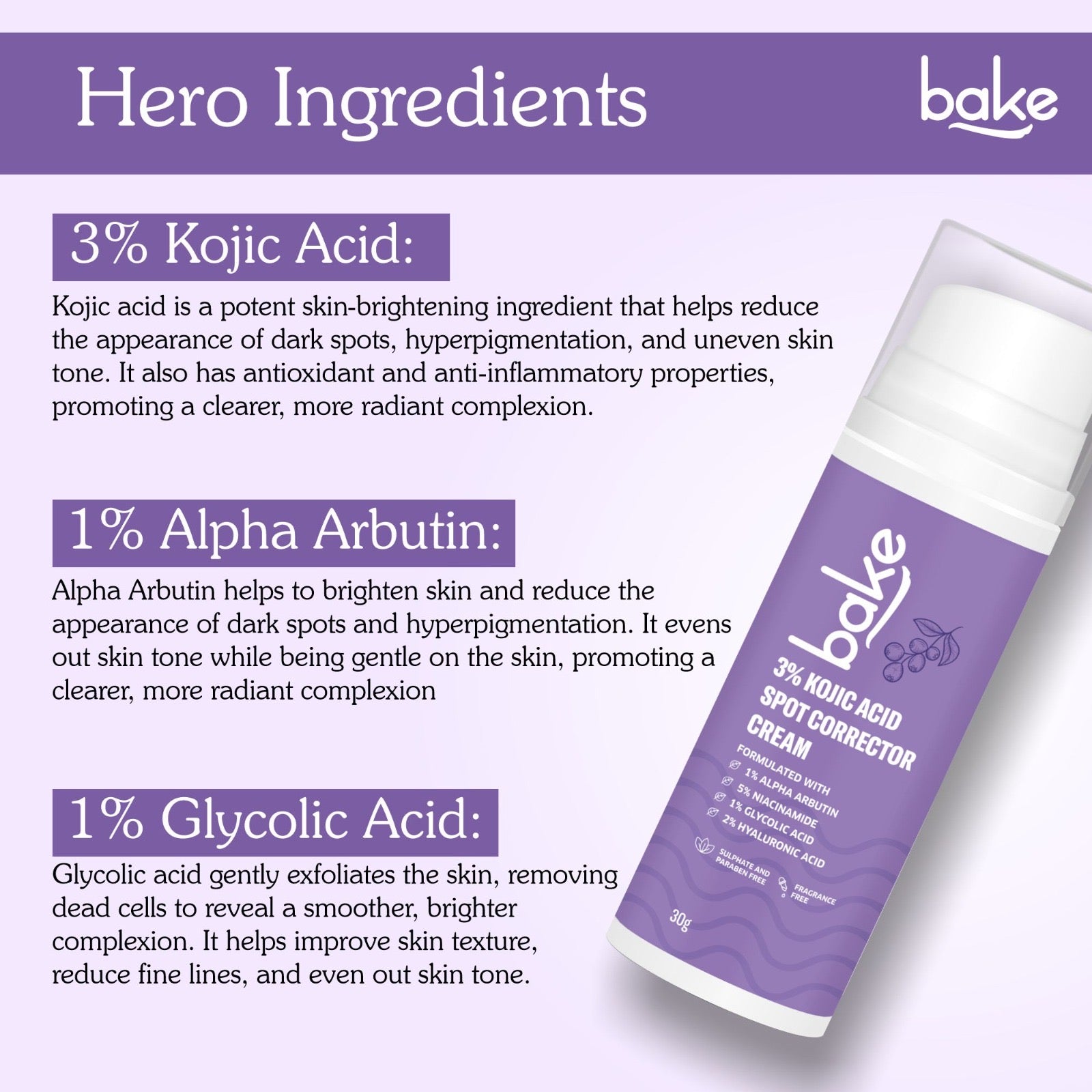 Bake Cosmetics Kojic Acid Cream – side label with ingredients and usage instructions