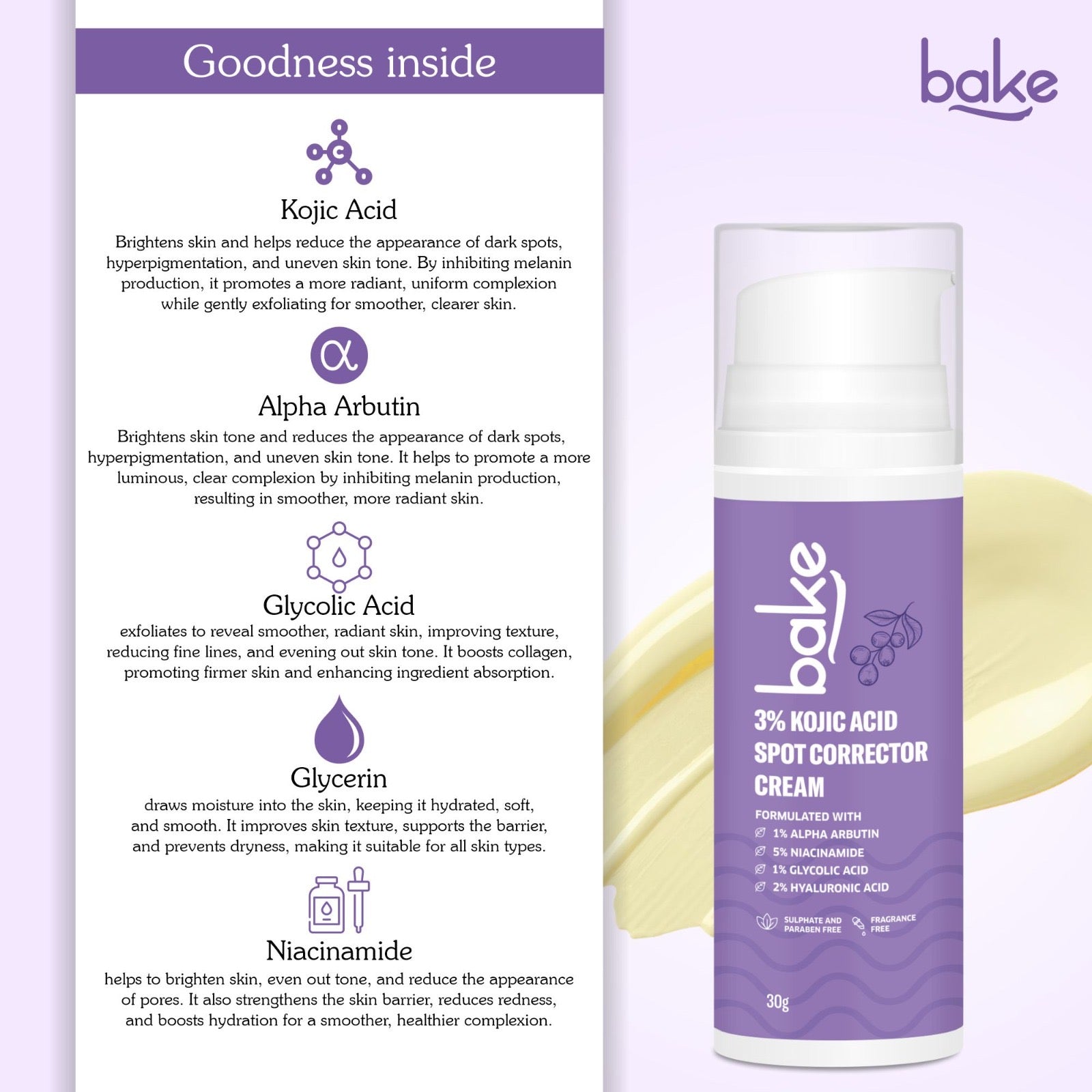 Label close-up showing Kojic Acid and Alpha Arbutin as active ingredients for brightening