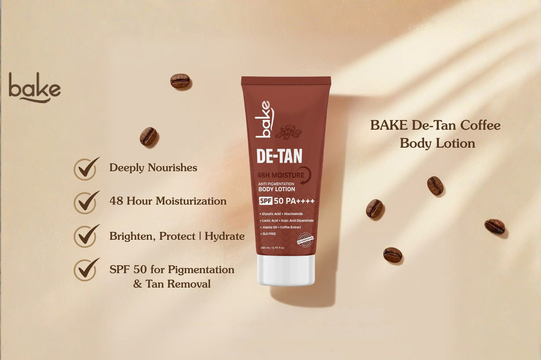BAKE De-Tan Coffee Body Lotion – 48 Hour Moisturization + SPF 50 for Bright, Even-Toned Skin