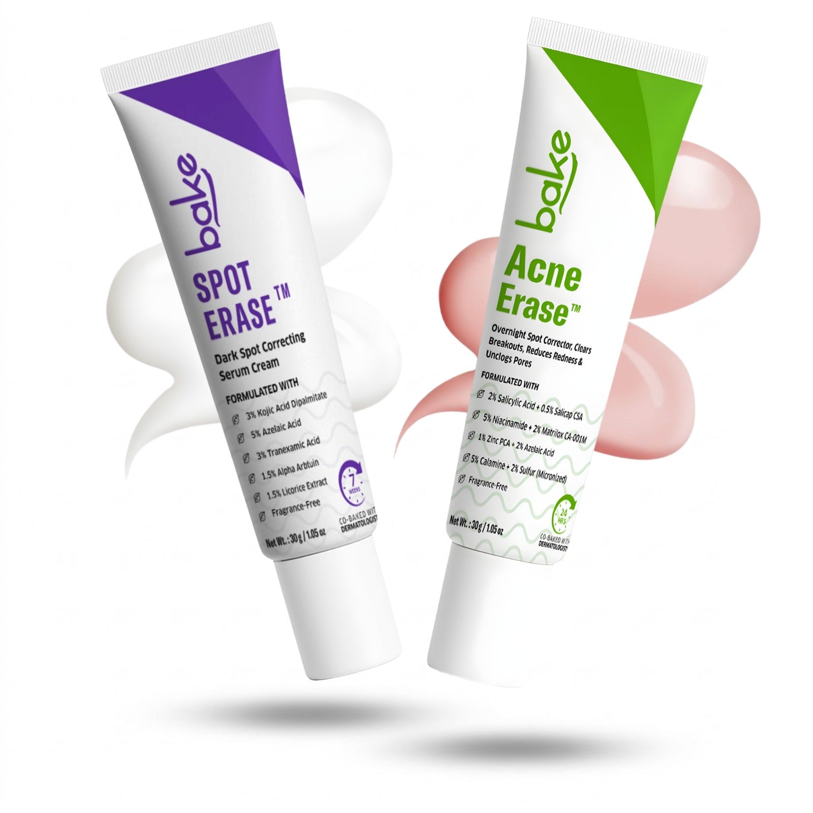 Bake Spot Erase spot correcting serum and Acne Erase acne correcting serum tubes for targeted blemish treatment.