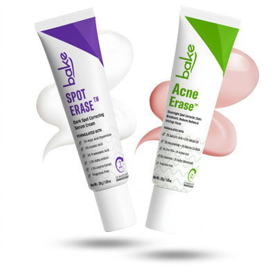 Bake Spot Erase spot correcting serum and Acne Erase acne correcting serum tubes for targeted blemish treatment.
