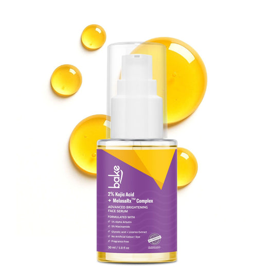 Bake 2% Kojic Acid and Niacinamide brightening serum bottle with vitamin oil drops