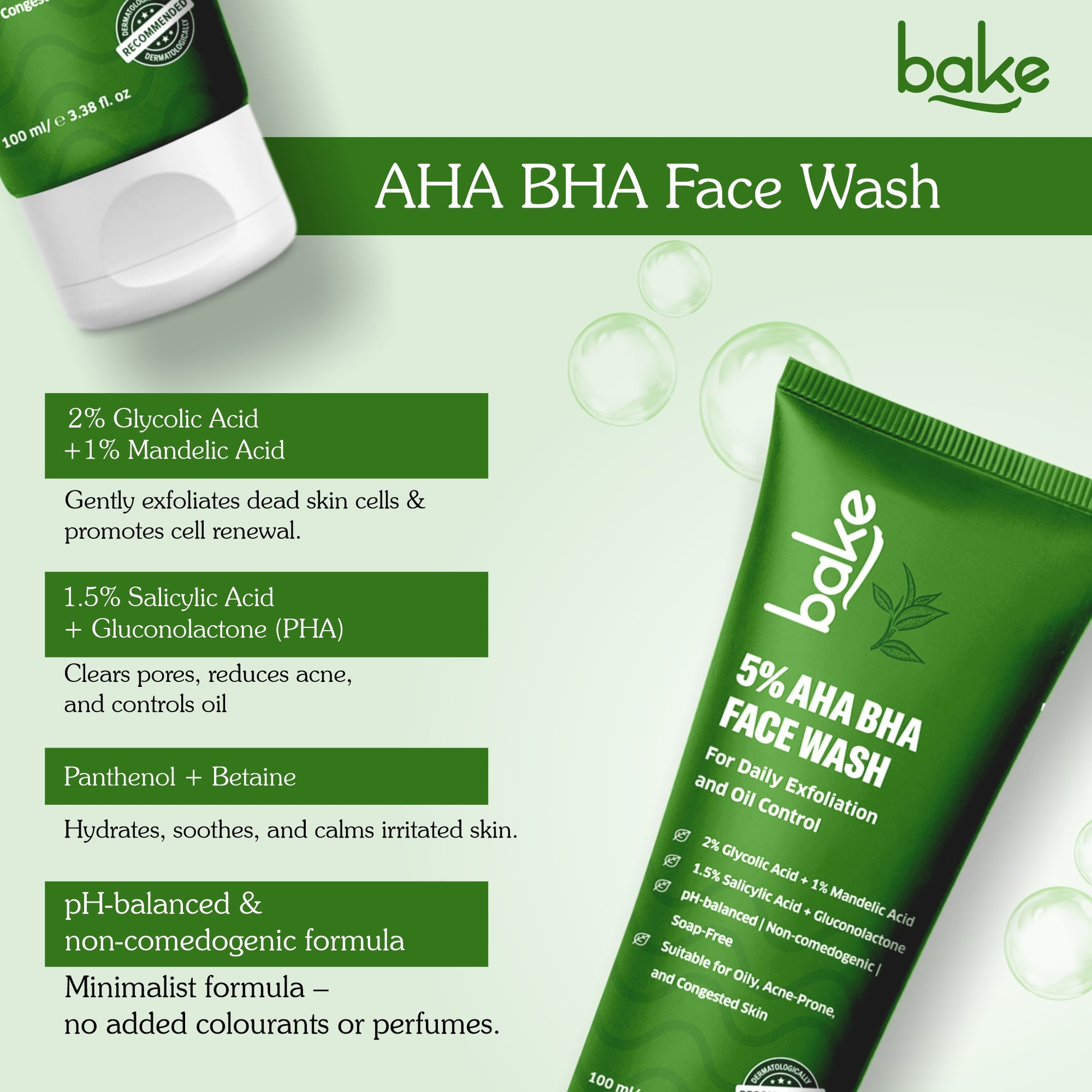 Bake 5% AHA BHA face wash with glycolic acid, mandelic acid and salicylic acid for daily exfoliation and oil control
