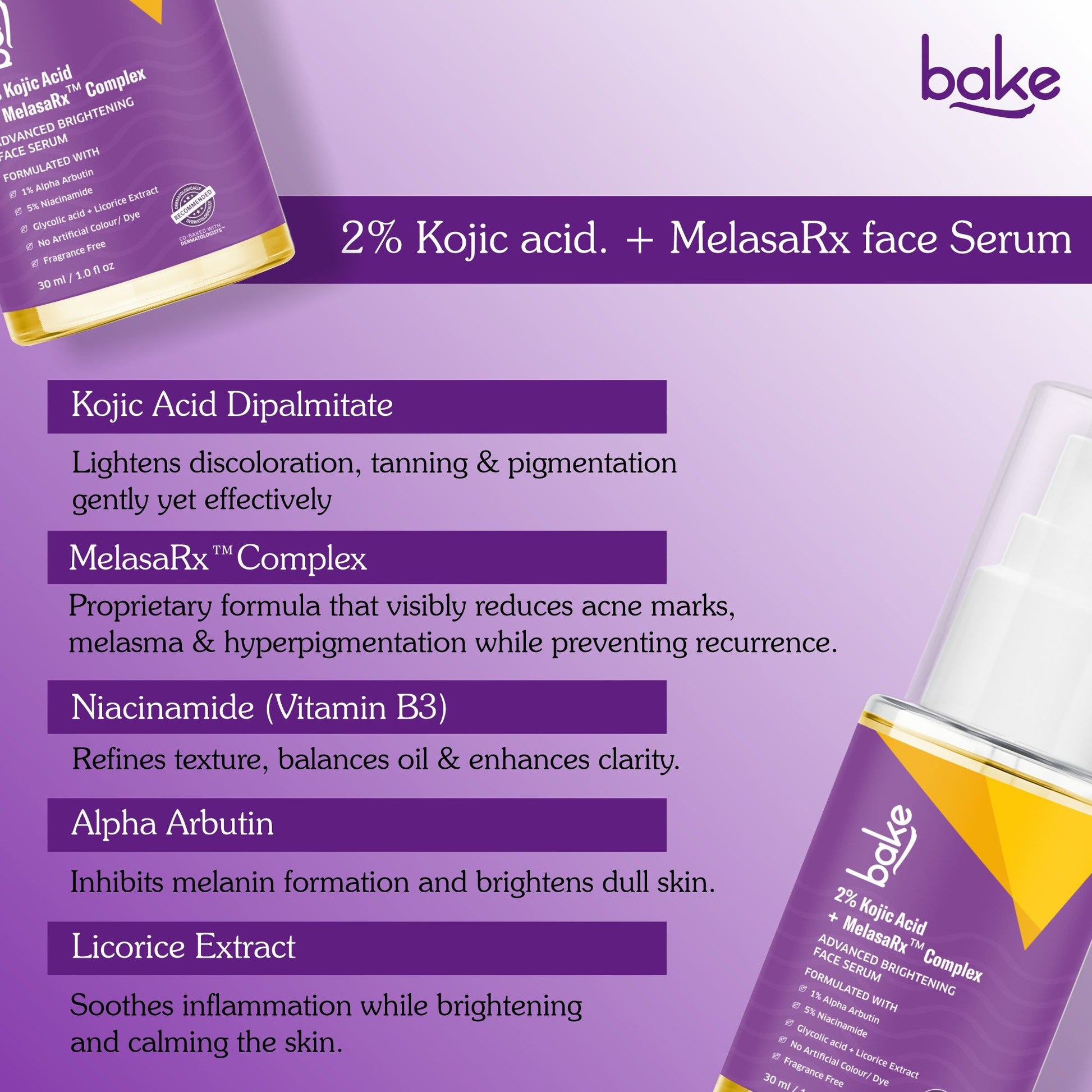 Ingredients of Bake kojic acid brightening serum with niacinamide alpha arbutin and licorice extract