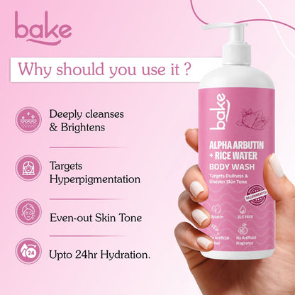 BAKE Alpha Arbutin + Rice Water Brightening Body Wash (500ml)