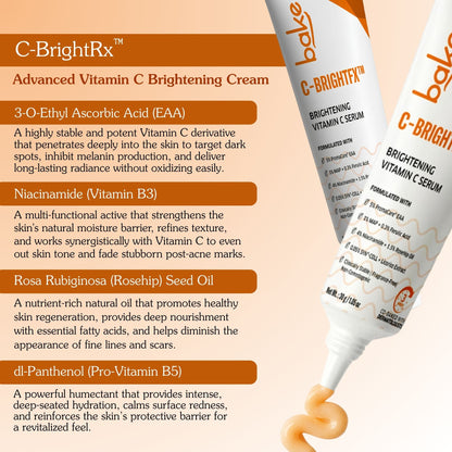 Bakve C-BrightRx Advanced Vitamin C Brightening Cream with key ingredients Ethyl Ascorbic Acid, Niacinamide, Rosehip Seed Oil and D-Panthenol