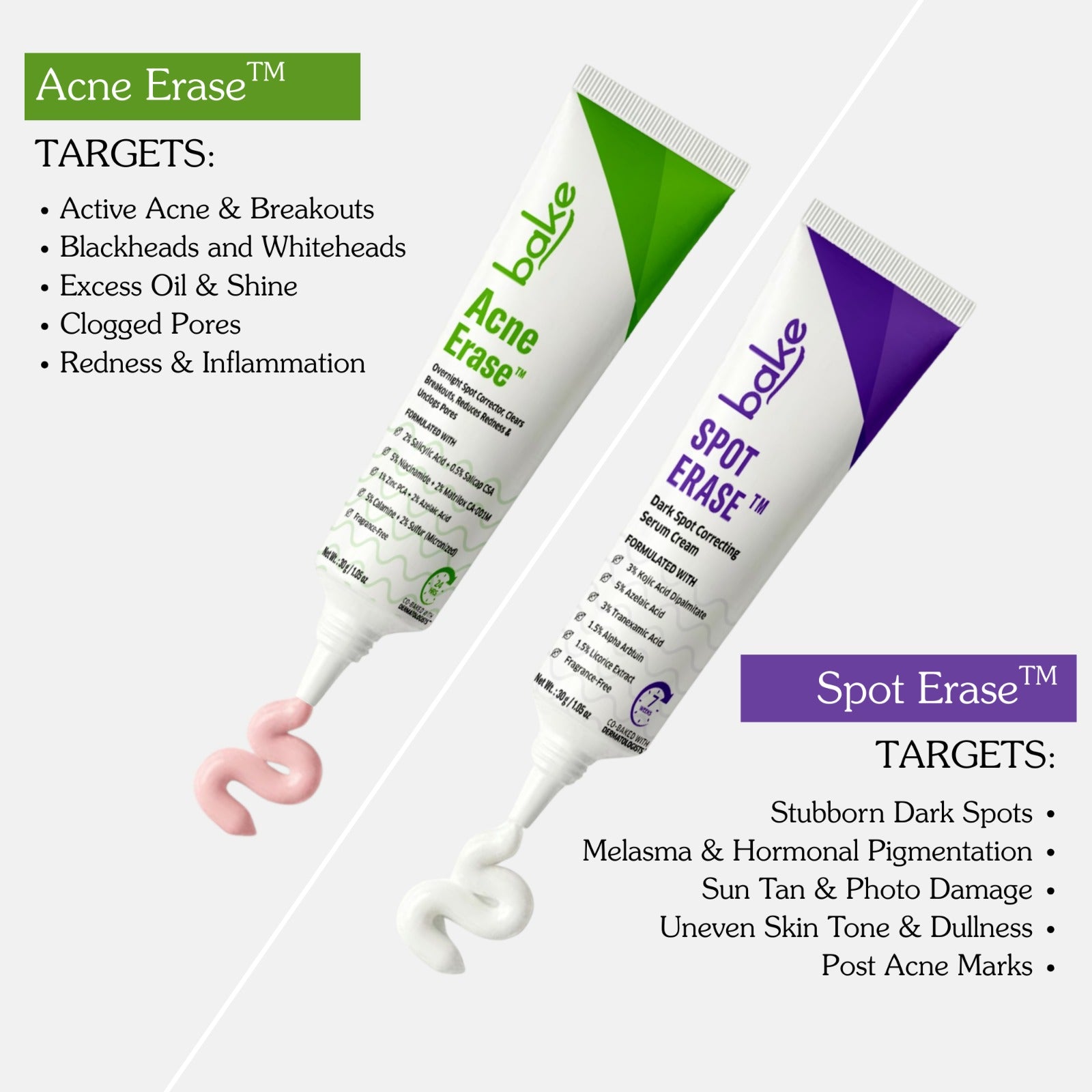 Bake Acne Erase and Spot Erase serums for acne treatment, dark spots and post-acne marks