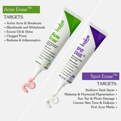 Bake Acne Erase and Spot Erase serums for acne treatment, dark spots and post-acne marks