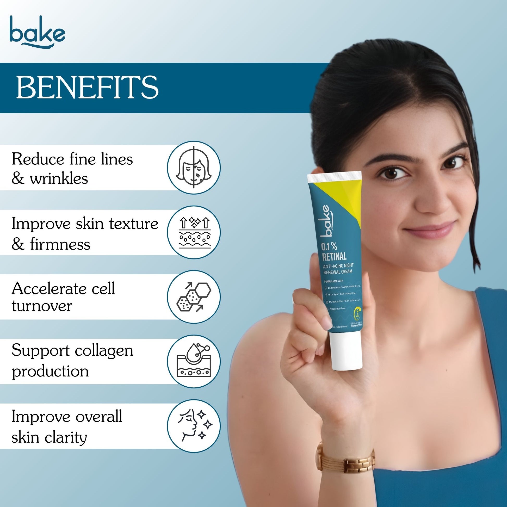Bake 0.1% retinol anti-aging night cream benefits including smoother skin, collagen support and improved clarity