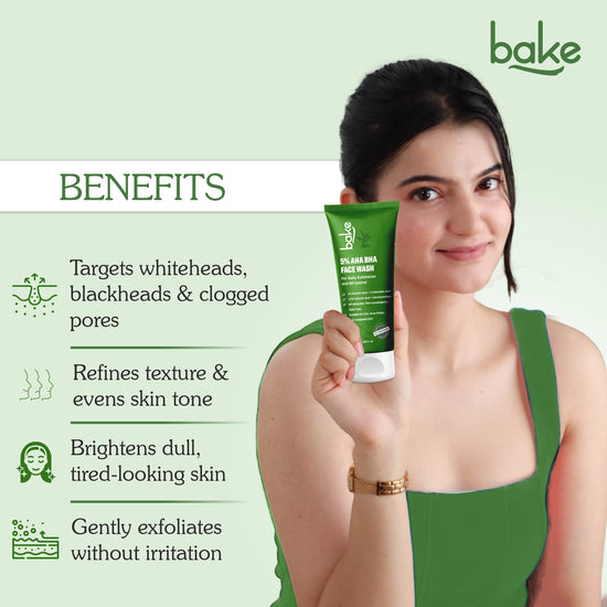 Bake 5% AHA BHA face wash for blackheads, clogged pores and gentle skin exfoliation.”