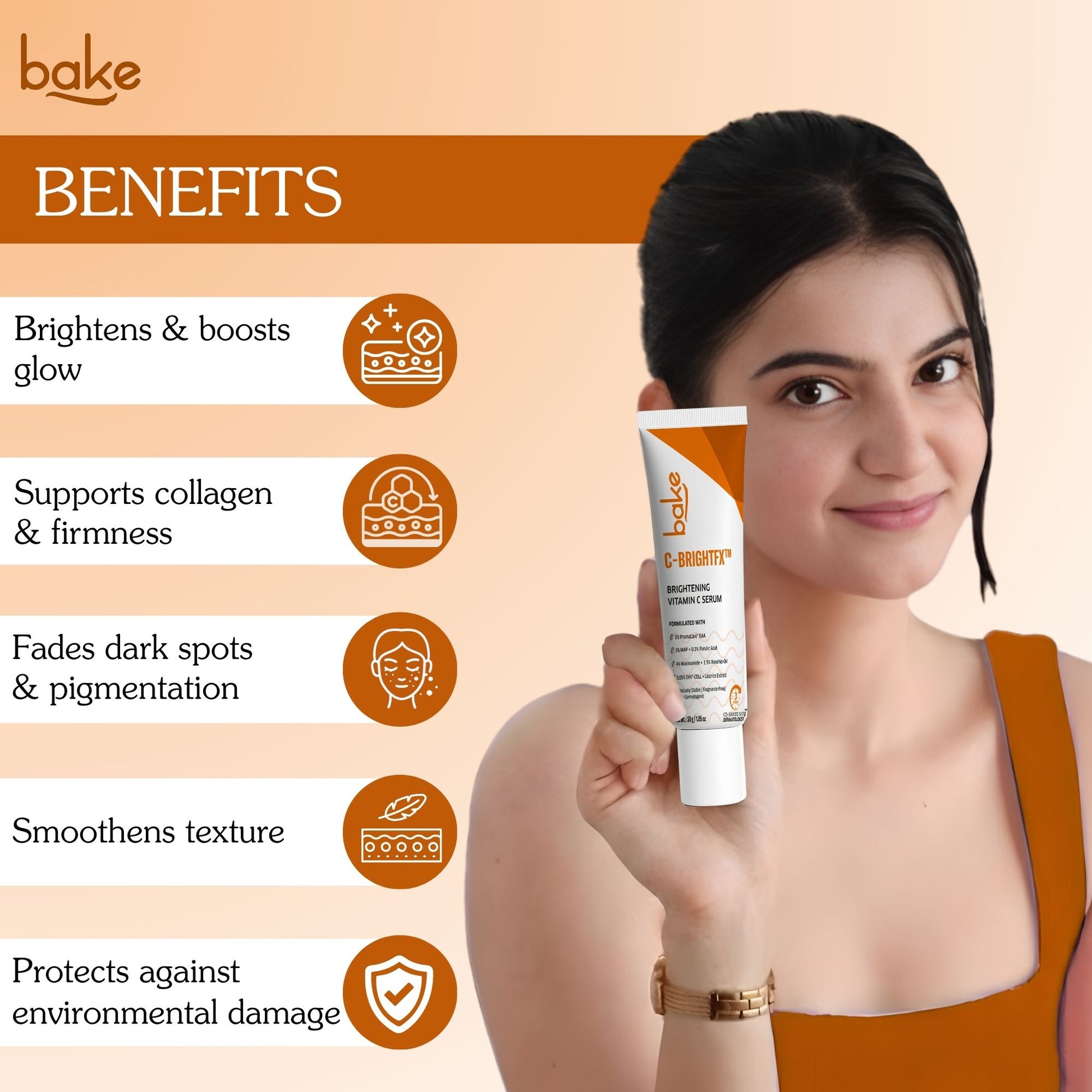 Bakve C-BrightRx Vitamin C brightening cream showing skincare benefits like glow, collagen support and dark spot reduction