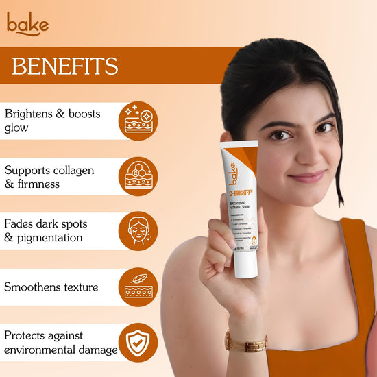 Bakve C-BrightRx Vitamin C brightening cream showing skincare benefits like glow, collagen support and dark spot reduction