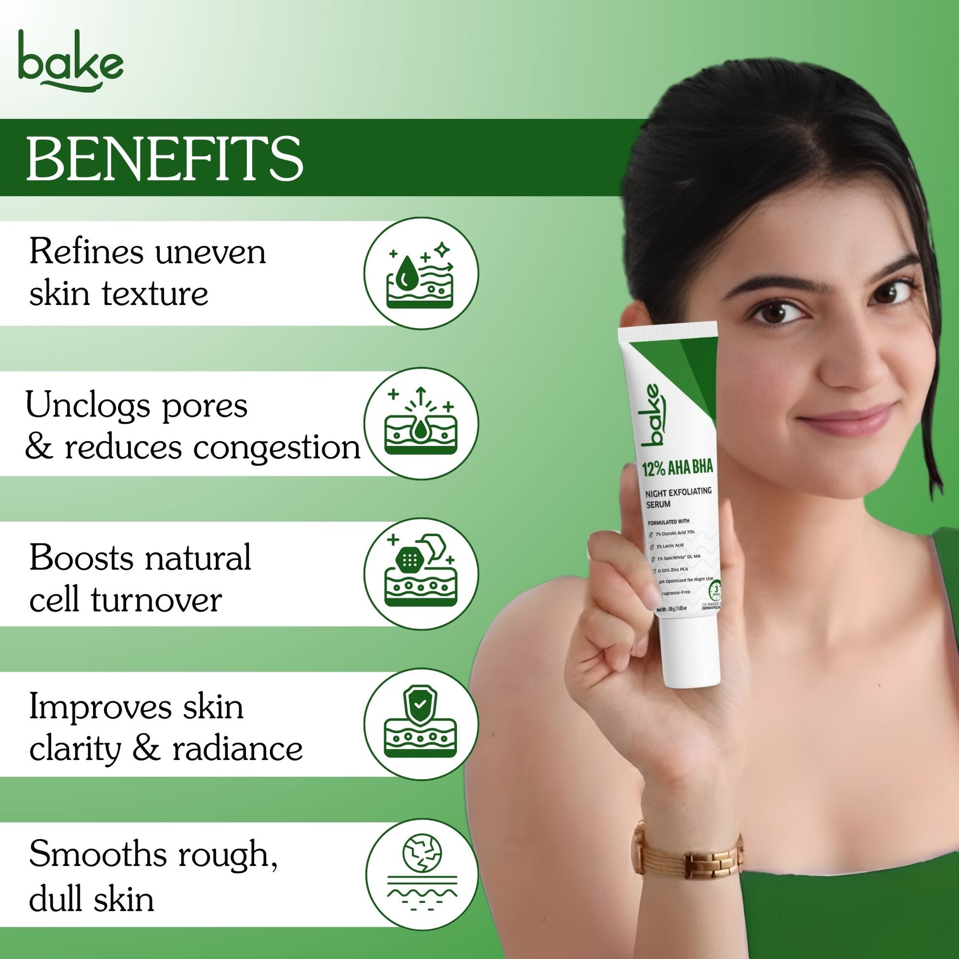 Bake 12% AHA BHA exfoliating serum with model and skincare benefits for pore care and skin renewal