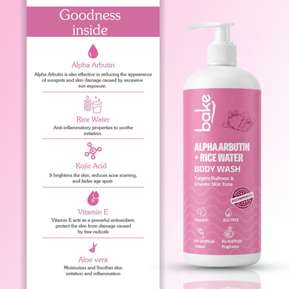BAKE Alpha Arbutin + Rice Water Brightening Body Wash (500ml)
