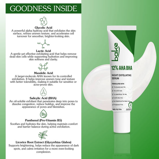 Goodness inside Bake exfoliating serum highlighting AHA BHA acids, panthenol and licorice root extract.”