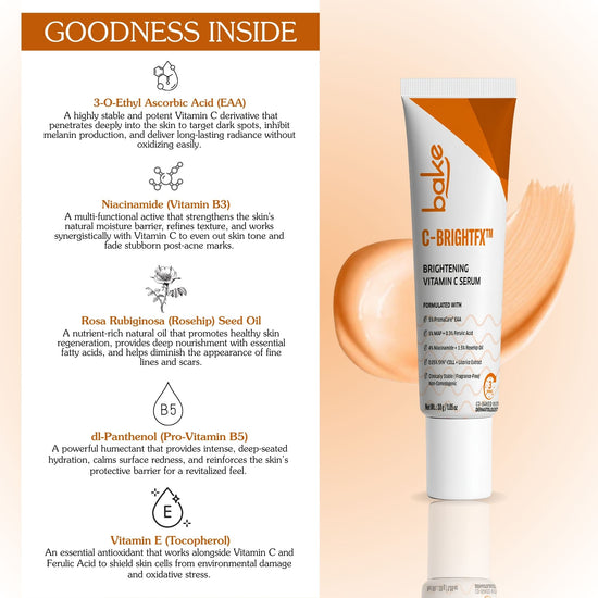 Bakve C-BrightRx Vitamin C brightening serum with ingredients Ethyl Ascorbic Acid, Niacinamide, Rosehip Oil, D-Panthenol and Vitamin E