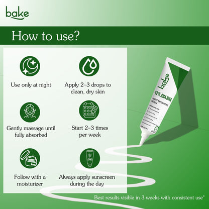 How to use Bake 12% AHA BHA night exfoliating serum showing steps to apply drops at night, massage, moisturize, and use sunscreen