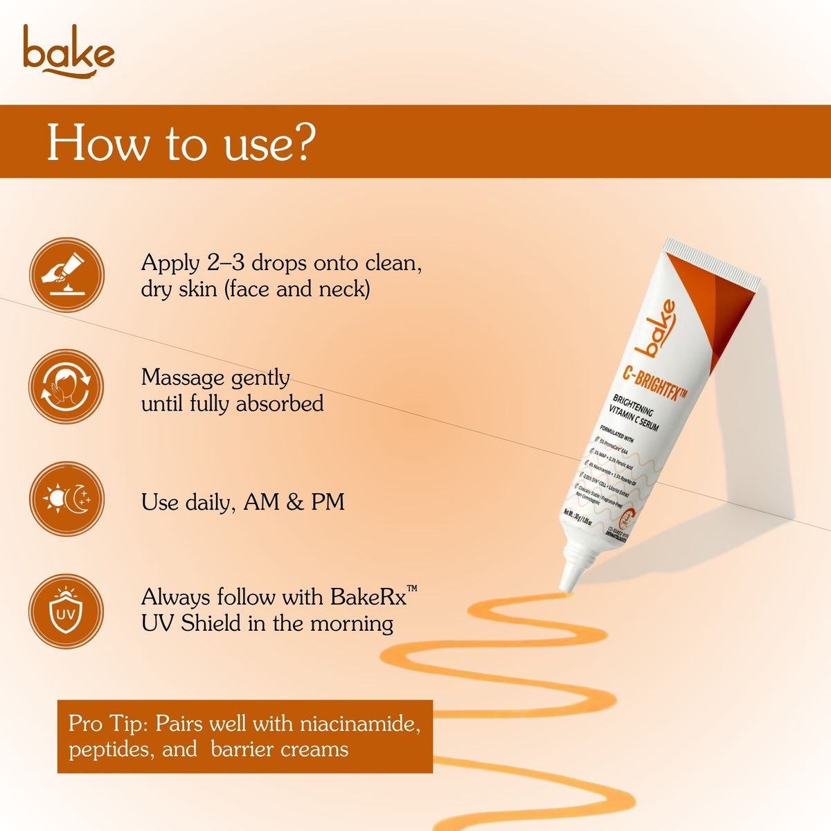 How to use Bakve C-BrightRx Vitamin C brightening serum showing steps for applying drops to face and neck