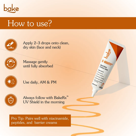 How to use Bakve C-BrightRx Vitamin C brightening serum showing steps for applying drops to face and neck