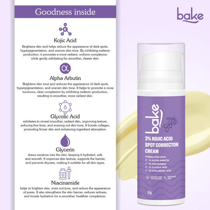 Label close-up showing Kojic Acid and Alpha Arbutin as active ingredients for brightening

