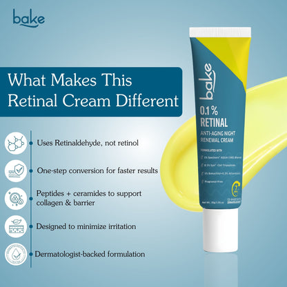 Bake retinal night cream infographic explaining what makes the retinaldehyde formula different