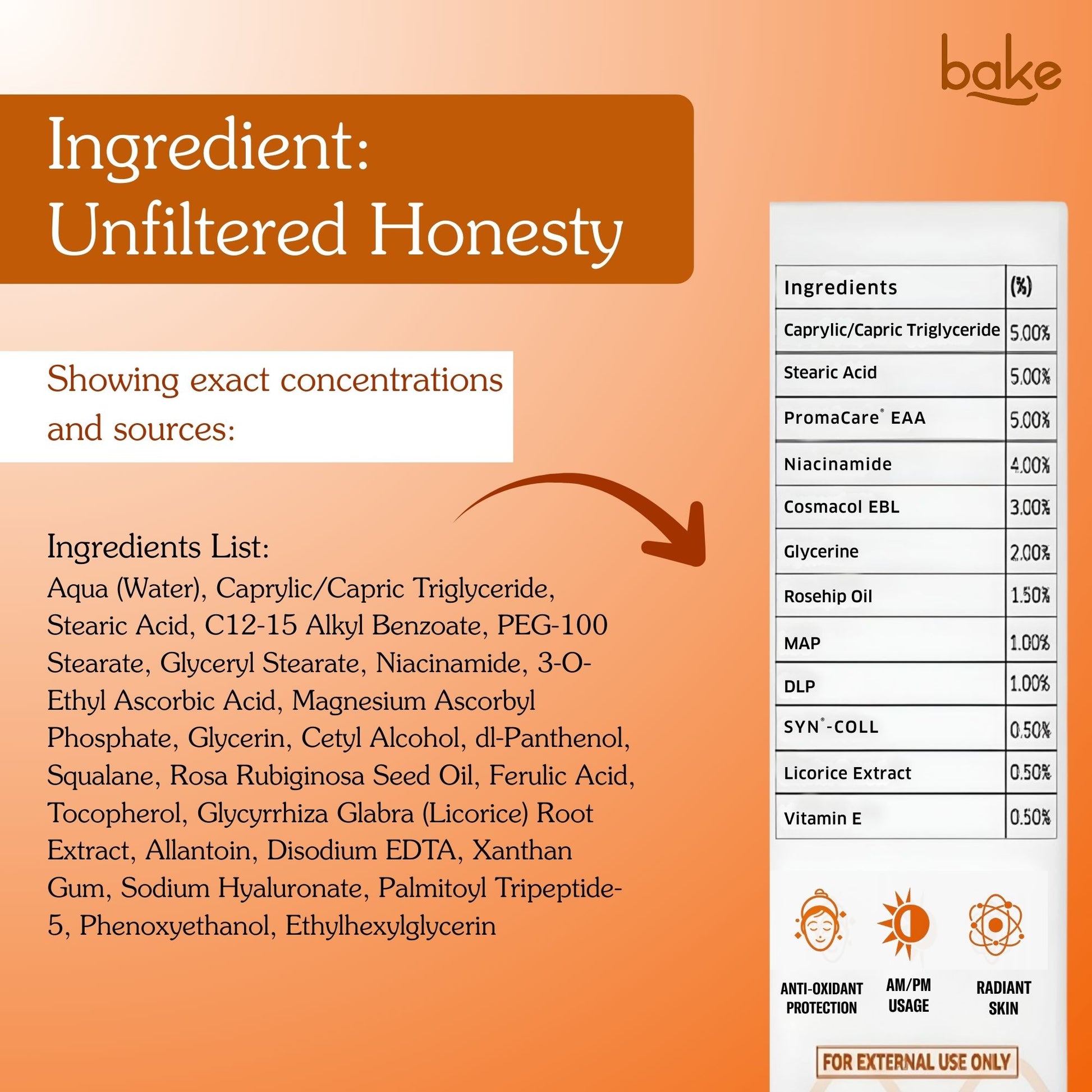 Bake C-BrightRx Vitamin C serum ingredient transparency chart showing concentrations of niacinamide, rosehip oil and vitamin E