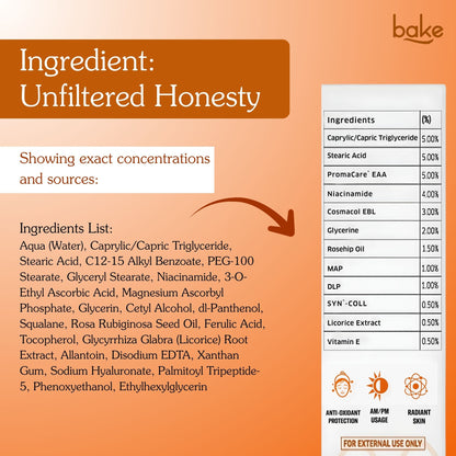 Bake C-BrightRx Vitamin C serum ingredient transparency chart showing concentrations of niacinamide, rosehip oil and vitamin E