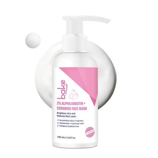 Bake 2% Alpha Arbutin and Ceramide face wash for dark spots, uneven skin tone and skin brightening.