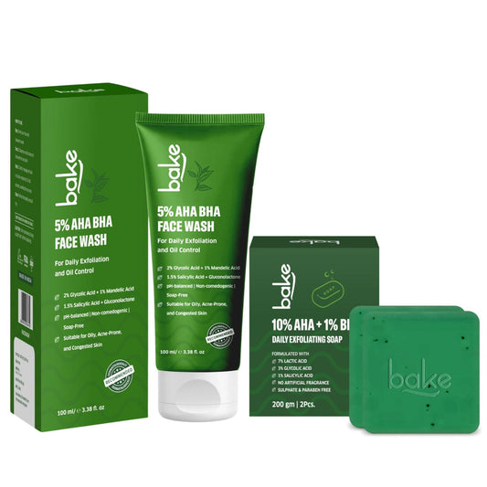 Bake exfoliating skincare set with AHA BHA face wash and daily exfoliating soap for acne contro
